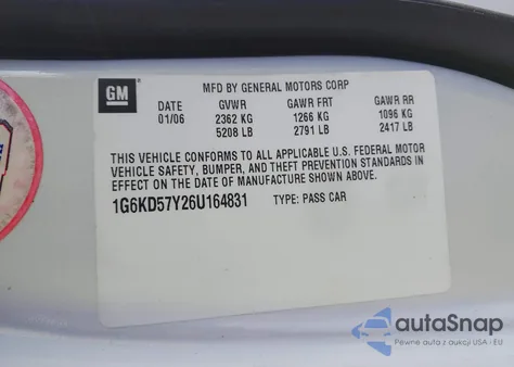 2006 Cadillac Dts Standard z USA, uszkodzony, nr VIN 1G6KD57Y26U164831